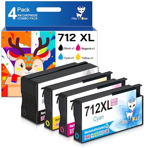Miss Deer Combo de cartuchos de tinta 712XL, substituição para HP 712 712XL Work for DesignJet T650 T250 T230 T630 T210 Studio Plotter Printer (BK/C/M/Y)