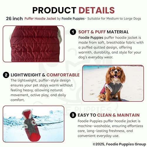 Image of Foodie Puppies Dog Puffer Hoodie Warm Winter Jacket - (Maroon Grey, 26 Inch) for Medium to Large Dogs | Ultra Warm Waterproof & Windproof Fur Coat | Washable Pet Vest Apparel for Cold Weather