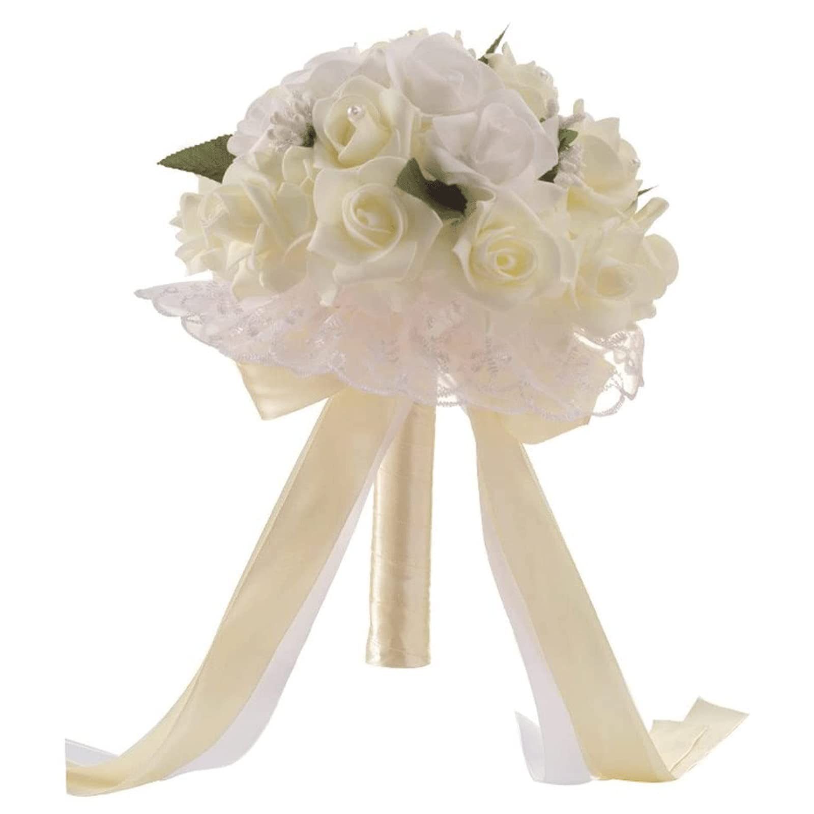 Rose Artificiali con Manico in Raso, Bouquet di Fiori di Seta per Damigelle d'Onore, Decorazioni per Matrimoni, Decorazioni per la casa (Bianco 25 * 20 cm)
