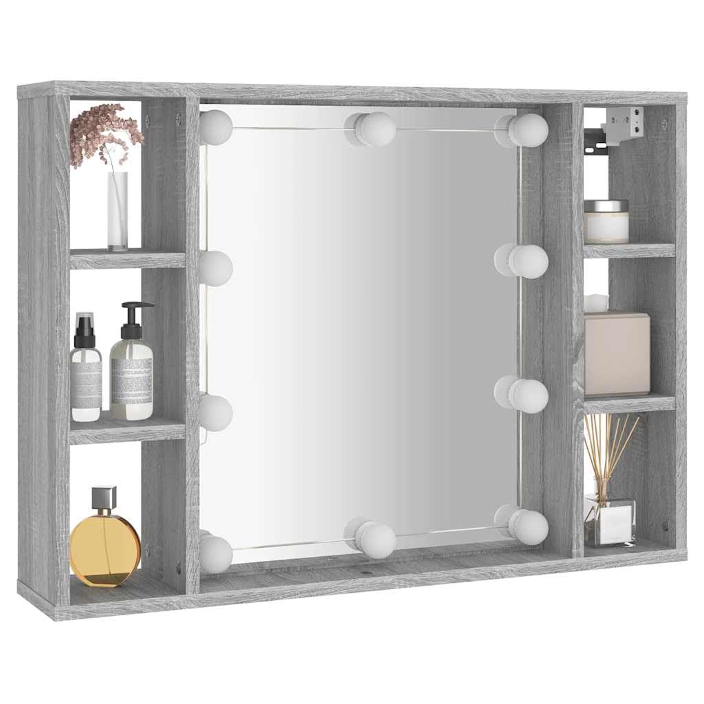Szafka z lustrem LED Sonoma szara, 76 x 15 x 55 cm, do łazienki i sypialni, z dużą ilością miejsca do przechowywania, montaż ścienny, trwały materiał drewnopochodny, oświetlenie USB