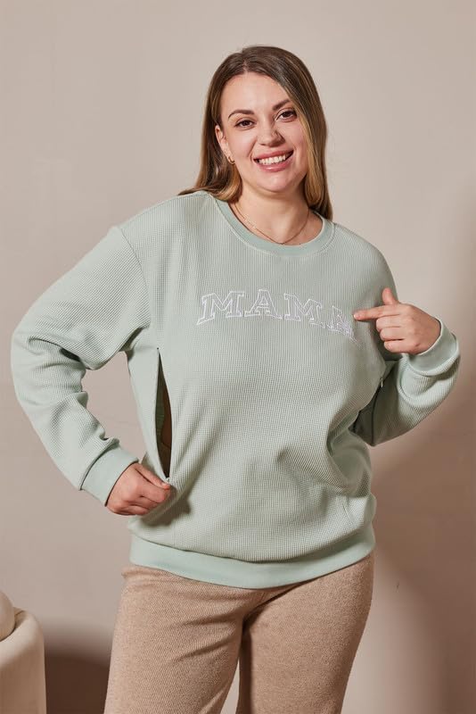 Maternity Sweatshirt Nursing Top Waffle Knit Breastfeeding Shirt with Zipper Pregnancy Mama Clothes Pullover - Image 5