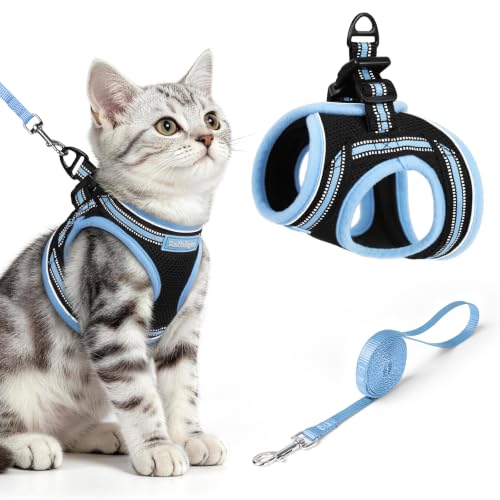 Image of rabbitgoo Cat Harness and Leash Set, Step-in Soft Vest, Black & Light Blue | Escape Proof, Lightweight, Easy-on & Adjustable, Hook & Loop with Buckle, Reflective, for Kittens & Small Cats Walks, M
