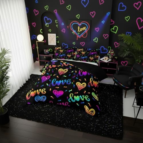 Image of QOOMO Colorful Love Kids Bedding Set, Love Heart Print Comforter Set for Boys Girls Teen Room Decorat, Black Soft Lightweight Bed Set All Season Queen Size, 1 Comforter Set 2 Pillowcases