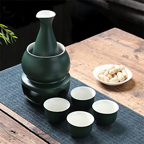 日本酒 熱燗器 伝統 熱酒器 酒器セット 冷たい/暖かい/熱い酒のための日本の禅スタイルの陶磁器のワインセット伝統的な磁器酒暖かい フラスコ 焼酎 熱燗器 焼酎じょか揃 燗瓶 冷酒器 美濃焼 キット焼酎/酒瓶/酒カップ/温暖化ボウル/暖房ベース (濃い緑色