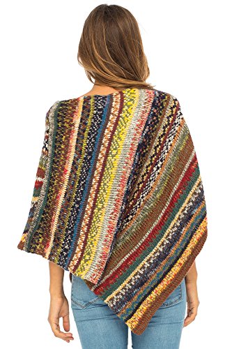 Back From Bali Womens Colorful Knit Poncho Sweater Cape Soft Striped Boho Tunic Shawl4