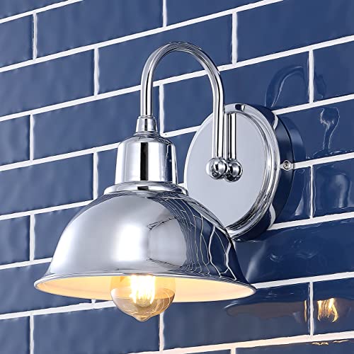 Image of JONATHAN Y 8 inch Chrome Farmhouse Industrial 1-Light LED Vanity Wall Sconce for Bathroom Mirror Kitchen, Metal Shade, Dimmable Vintage Lighting, LED Bulb Included JYL7481A