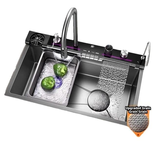 Image of X-XONIER 304 Single Bowl Kitchen Sink SS 304 Glass top Tempurature Display Multipurpose Multifunction 3 Mode Tap with Pulldown Feature Soap Dispenser Gla With 2 Tray