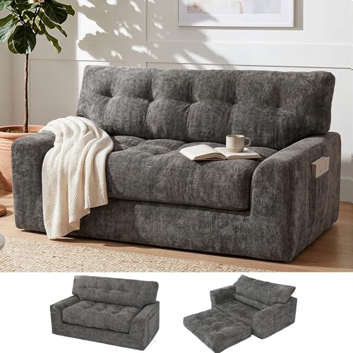 Image of MONVANE 55.5 inch Convertible Loveseat Sofa Bed, 2-in-1 Boneless Sleeper Sofa Couch with Storage Pocket, Comfy Chenille Deep Seat Couch for Living Room, No Assembly Required, Dark Grey