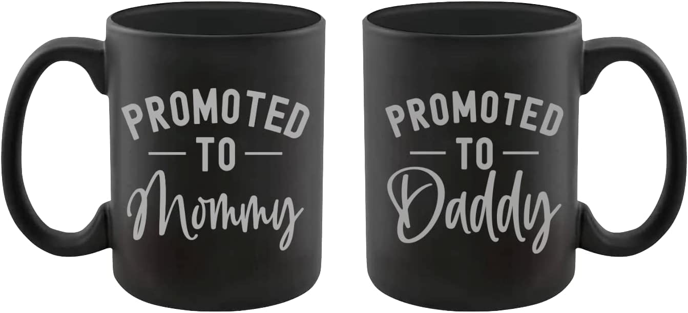 Pregnancy Gift Promoted to Mommy - Promoted to Daddy 11 oz Mug with Silver Text - Top Mom and Dad Gift Set for New and Expecting Parents to Be - Baby Shower Idea