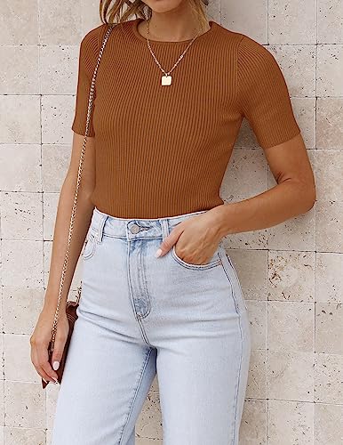 Image of ZESICA Women's Short Sleeve Sweater Tops 2026 Summer Crewneck Basic T Shirt | Business Casual Outfits, Solid Color Ribbed Knit Tee, Slim Fitted, Soft Skin Friendly, Going Out Top, Cute Dressy Blouse