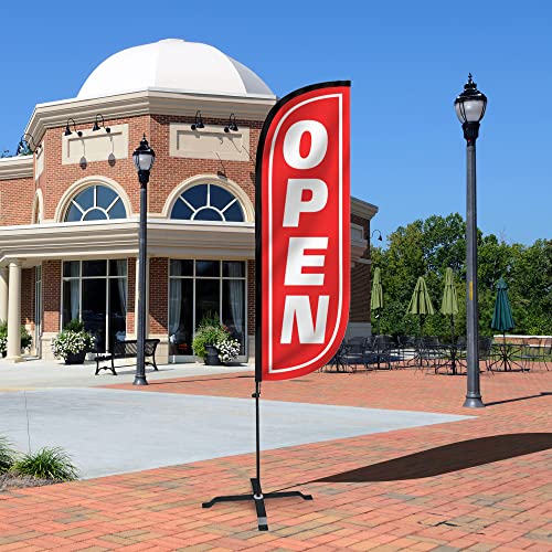 Image of LookOurWay Feather Flag Set - 5ft Tall Advertising Banner Flag with Pole Kit and X-Stand for Business Promotion - Open, Red /White