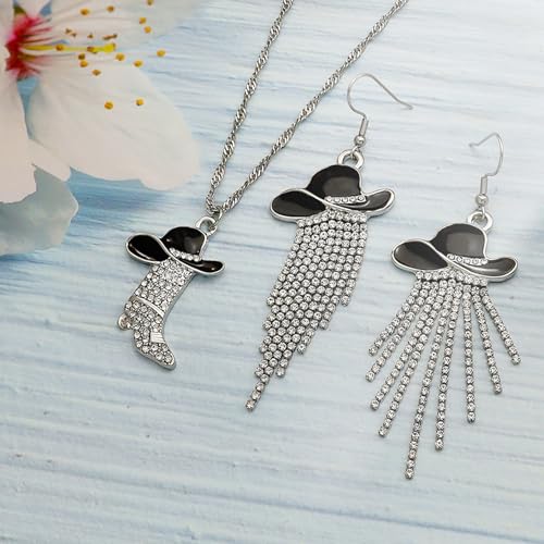 2pcs Western Earrings Necklace Jewelry Set,Sparkly Rhinestone Tassels Cowgirl Earrings+Crystal Boots with Enamel Cowboy Hat Pendant Necklac for Women,Wild West Country Rustic Style3