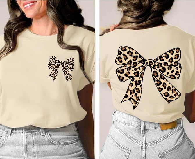 Image of Bow Leopard Shirt for Women Cheetah T-Shirts for Women Bow Graphic Tees Short Sleeve Aesthetic Tee Top