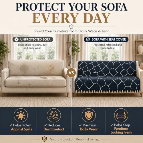 Image of Velvet Quilted Sofa Cover for 4 Seater (92 x 60 Inches) | Black | Anti-Slip Soft Washable Sofa Seat Cover | Furniture Protector with Tassels