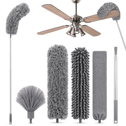 Image of Miele 4 in 1 Long Handle Microfiber Feather Ceiling Duster with Extendable Pole 30-100 Inch with Anti Scratch Bendable Head for Cleaning High Cobweb Stick High Ceiling Fan - Stainless Steel