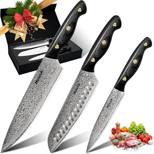 Huusk Damascus Chef Knife Set 3 PCS,VG10 Santoku Knives set,Damascus ...