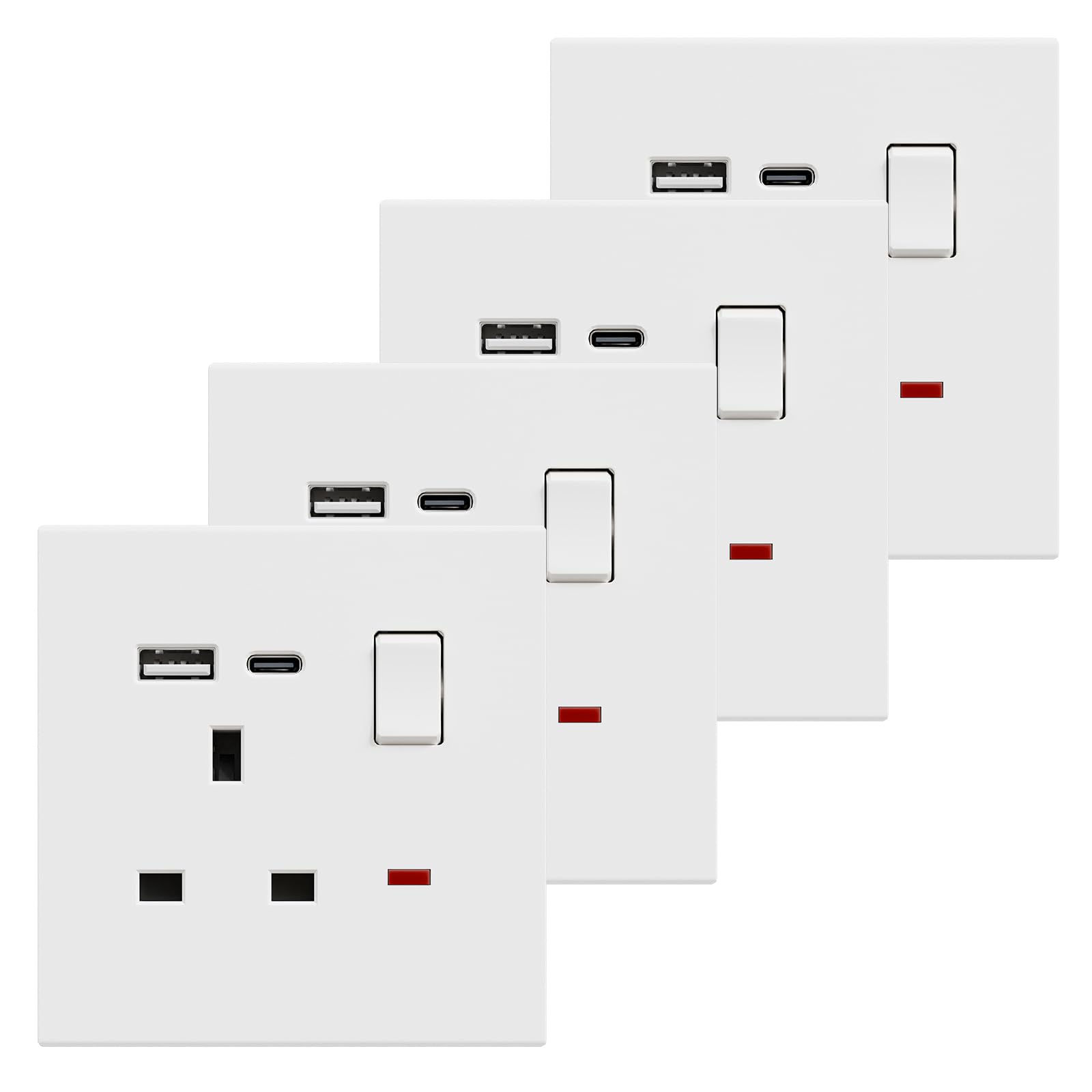 BSEED Single Socket with USB C 4 Pack, Electrical Single Switched Power Plug Wall Socket with LED Indicator, PC Wall Plate Outlet, White, 13A