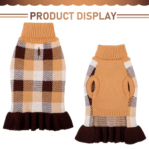 Image of Dog Sweater Dress Plaid Knitwear for Small Medium Dogs Warm Puppy Pet Turtleneck Stretch Pullover Cute Fall Winter Vest Clothes with Leash Hole for Christmas (Coffee, 2XL)