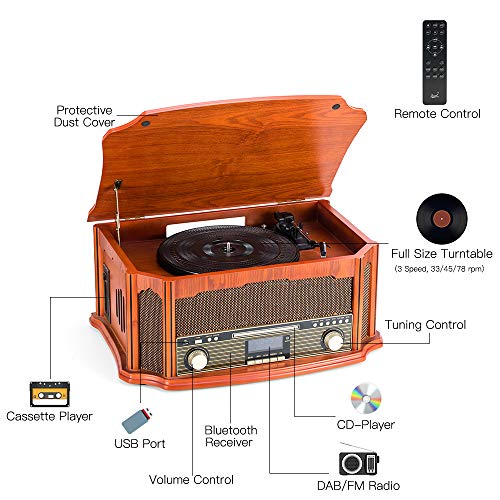 SHUMAN 8 in 1 Sistema Musicale Legno,Giradischi