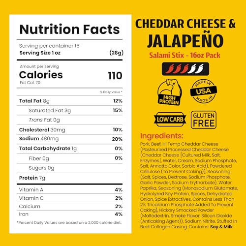 Image of Long John Snacks Dried Salami Sticks, Jalapeno Cheddar, 16 Oz | High Protein Smoked Meat Sticks Bulk Pack - Handcrafted From Fresh, Never-Frozen Cuts of USA Beef and Pork