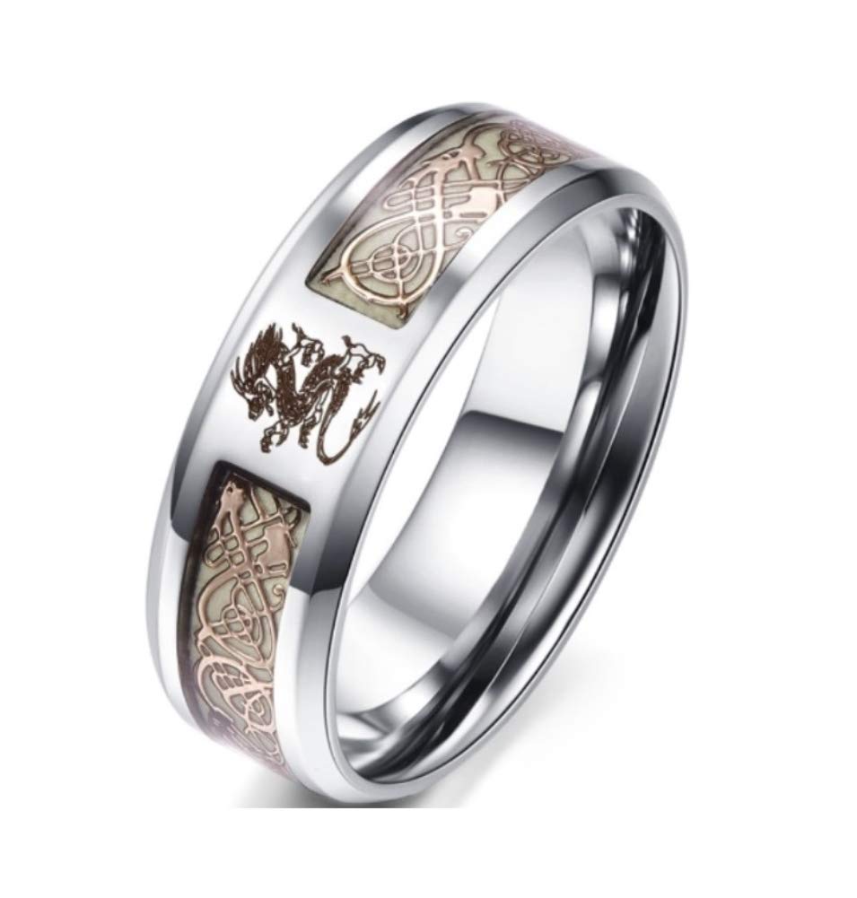 Blowin8mm Golden Celtic Dragon Luminous Ring Aurora Glow Stainless Steel Wedding Band for Men Women