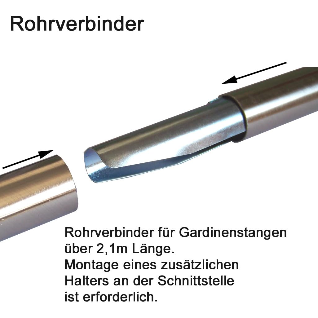 BASIT Gardinenstange Edelstahllook 19mm 1-läufig Wand Decke 480cm lang H18 | Gardinenstangenset einläufig Wandmontage & Deckenmontage Metall Vorhangstange 120-600cm wählbar Kappe Kappe E61