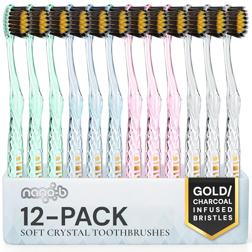 Image of Nano-b Manual Toothbrush Set for Adults with Sensitive Gums, Gold & Charcoal Soft /Medium Bristles, Travel Cases, Blue, Pink, Green, Crystal, 12-Pack
