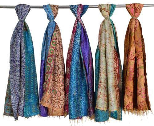 Royal Craft 1 Piece Vintage Silk Kantha Embroidery Scarf Indian Hand Stitched Beautiful Scarves, Assorted, 18X72 Inches