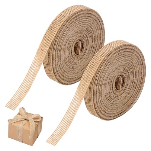 Jute Ribbon - 2 Rolls Hessian Burlap Band 1cm Wide 20m Long for Decorating Presents Vintage Wedding Christmas Crafting (Brown)