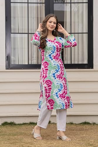 Image of Women's Tie-Dye Printed Kurti, V-Neck, 3 /4 Sleeves, Multicolour, Casual Wear