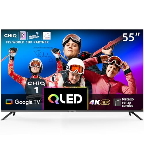 CHiQ Smart TV QLED 55 pollici 4K, Ampio spettro cromatico UHD con HDR, telecomando a controllo vocale, Chromecast integrato, Dolby Audio, DBX-TV, Bluetooth 5.0, Wi-Fi Dual Band, Modello U55QM8E 2023