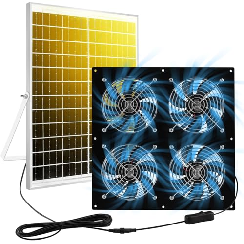 HNRLOY Solar Exhaust Fan for Chicken Coop & Powered Fan with 25W Solar Panel & 4 High-Speed Brushless DC Fans, Solar Ventilation Fan for Greenhouses,Attics,Shed,Barns & Dog Houses by HNRLOY - Used condition - US$41.03