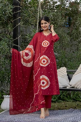 Image of Pistaa's Women's Pure Cotton Bandhani Print Kurta Set with Dupatta