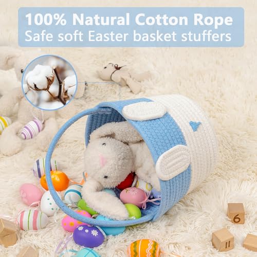 Image of CubesLand Empty Easter Basket for Kids Babies Boys and Girls, Cute Easter Treasure Hunt Bunny Basket, Sturdy Cotton Rope Gift Basket, Egg Hunts, Festive Decor & Gift Ideas - Blue, Large