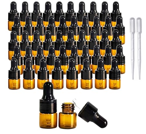 50Pcs Amber Glass Mini Dropper Bottle 1ml Amber Essential Oil Bottles Vials Travel Cosmetic Sample Container Liquid Perfume Eye Droppers Bottle (1ml)