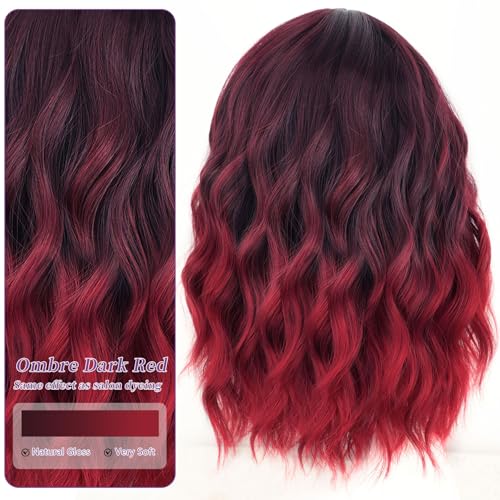 Image of AISI HAIR Synthetic Wavy Curly Bob Wig with Bangs Ombre Dark Red Short Hair Wigs for Women Synthetic Heat Resistant Bob Wigs