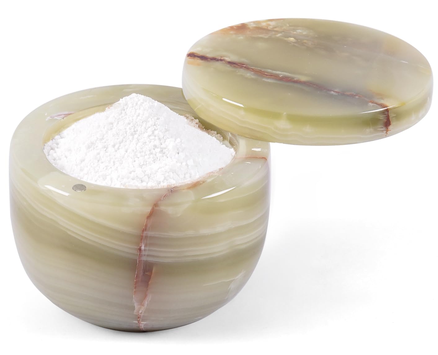 Vasija redonda de ónice verde de 4 pulgadas con tapa magnética giratoria de 360°, soporte de sal de mármol de alta calidad para encimera, ideal para sal marina, hierbas y azúcar