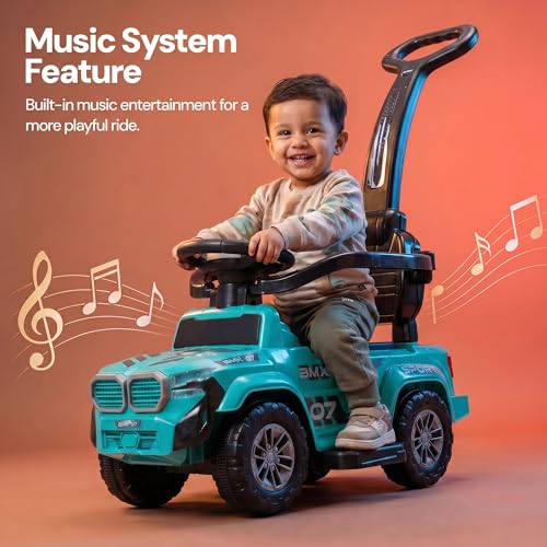 Image of Baybee Ride on Cars for Kids | Baby Push Ride ons Toys Car with Parental Handle & Safety Guardrail | Baby Toy Car with Backrest, Light & Music | Outdoor Kids Cars for 1 to 3 Years (Nitro Pro Green)