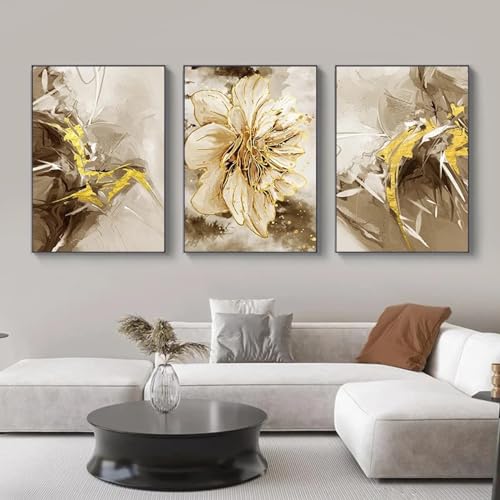 Tableau fleur abstraite dorée scandinave 30x45cm lot de 3 toiles murales