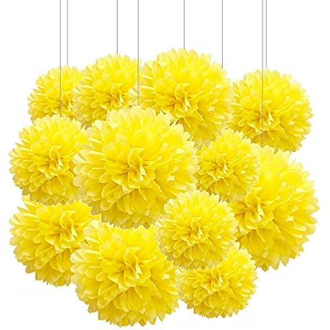 ZooYoo 12pcs Yellow Paper Pom Poms Decorations for Party Ceiling Wall Hanging Tissue Flowers Decorations - 1 Color of 12 Inch, 10 Inch Cover