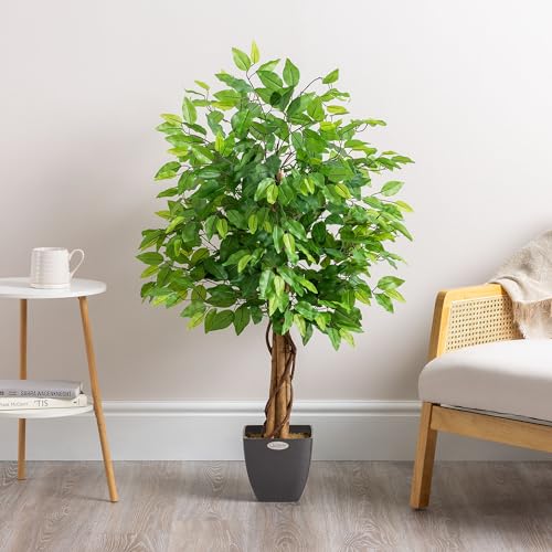 CHRISTOW Artificial Ficus Tree, Fake Weeping Fig House Plant for Home Decoration, Lifelike Green Leaves, Natural Wooden Trunk with Twists, Weighted Pot, Indoor Outdoor (120cm / 4ft) - Image 3