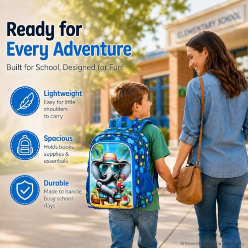 Image of 16 inch Backpack for Boys, 3Pcs Elephant Kids Bookbag with Lunch Box, School Backpacks Set for Elementary Preschool Kindergarten(Blue)
