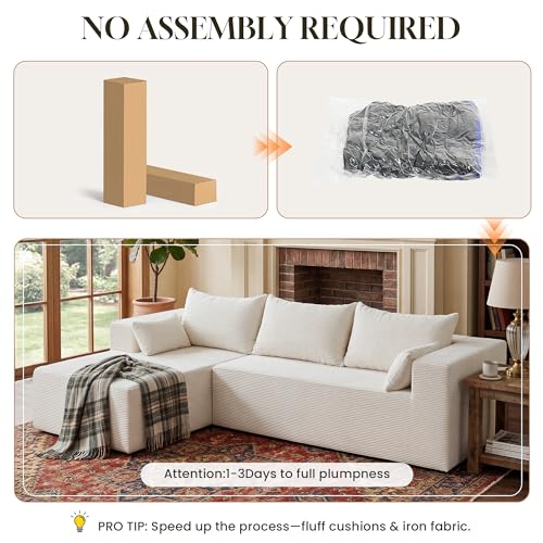 Image of 106 inch Cloud Sectional Boneless Couches for Living Room, Modular L Shaped Couch with Deep Seat Oversized Left Facing Chaise, Memory Foam Compressed Spineless 3 Seater Sofa for Bedroom Apartment, Beige