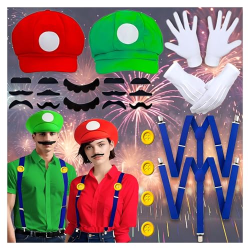 Zaztytoy Juego de Accesorios para Disfraz de Mario y Luigi para Adultos y Niños, Incluye Sombrero, Barba, Tirantes, Guantes, Botones, Perfecto para Carnaval, Disfraces y Fiestas Temáticas
