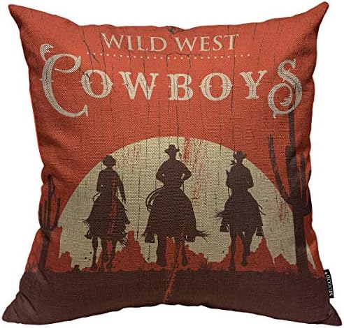 Mugod Cowboys Decoration Throw Pillow Cushion Covers Silhouette of Cowboys Riding Horses on A Wooden Sign Decorator Funny Pillows for Sofa Fall Home Decor Couch Pillow Case 18 X 18 Inch