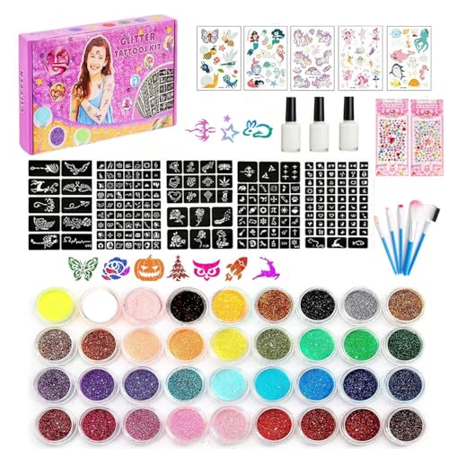 Kit de tatuagem roxo, 36 cores de brilho com 222 modelos, 5 pincéis, 3 adesivos, tatuagem de rosto e corpo para festas, aniversários, carnaval