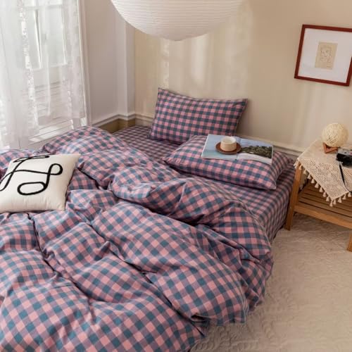 Image of MKXI Plaid Duvet Cover Queen Pink Plaids Floral Bedding Breathable Linen Like Textured Duvet Cover Set Natural Wrinkled Look Rustic Geometric Farmhouse Style Bedding for Girls Women