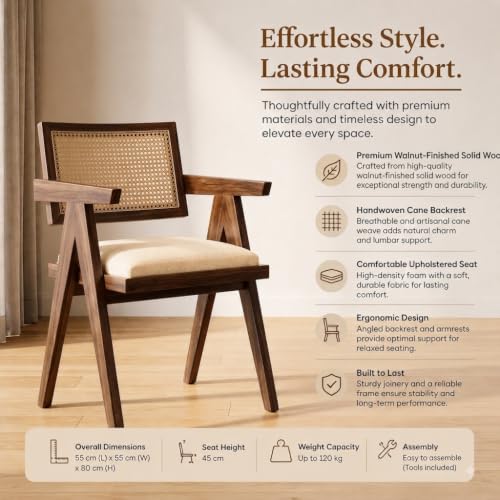 Image of Furniture Solid Sheesham Wood Upholstered Armchair with Cushion and Cane Back Support | Wooden Lounge Chair for Living Room, Bedroom and Balcony (Walnut Finish)