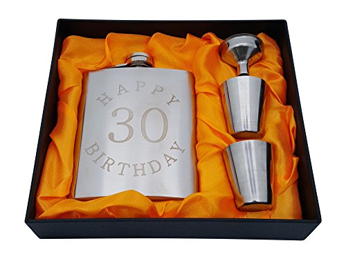 Juego de regalo de 30 cumpleaños - Petaca de 207 ml grabada con texto en inglés"Happy 30 Birthday" Cover
