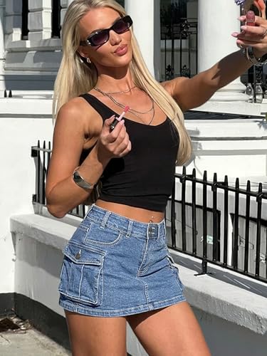 Image of ELLEVEN Low Rise Denim Mini Skirt for Women High Stretch Jean Skirts | Women's Sexy Bodycon Cargo Denim Skirt with Pockets, Y2K Casual Jean Style, Trendy Summer Outfits